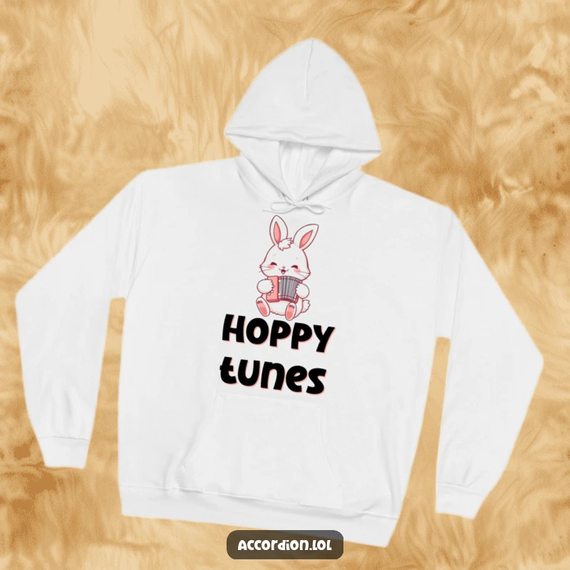 Funny Bunny Accordion Hoodie showing a fluffy bunny enthusiastically playing a small accordion, perfect for music enthusiasts and animal lovers.