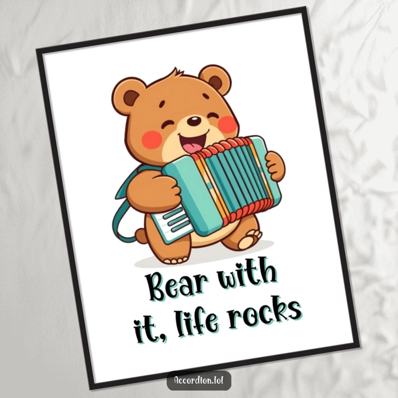Free Printable Wall Art: A bear with a huge smile plays an accordion, bringing musical cheer and happiness.