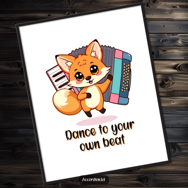 Free Printable Wall Art: A playful fox with wide eyes dances with glee around a large, colorful accordion.