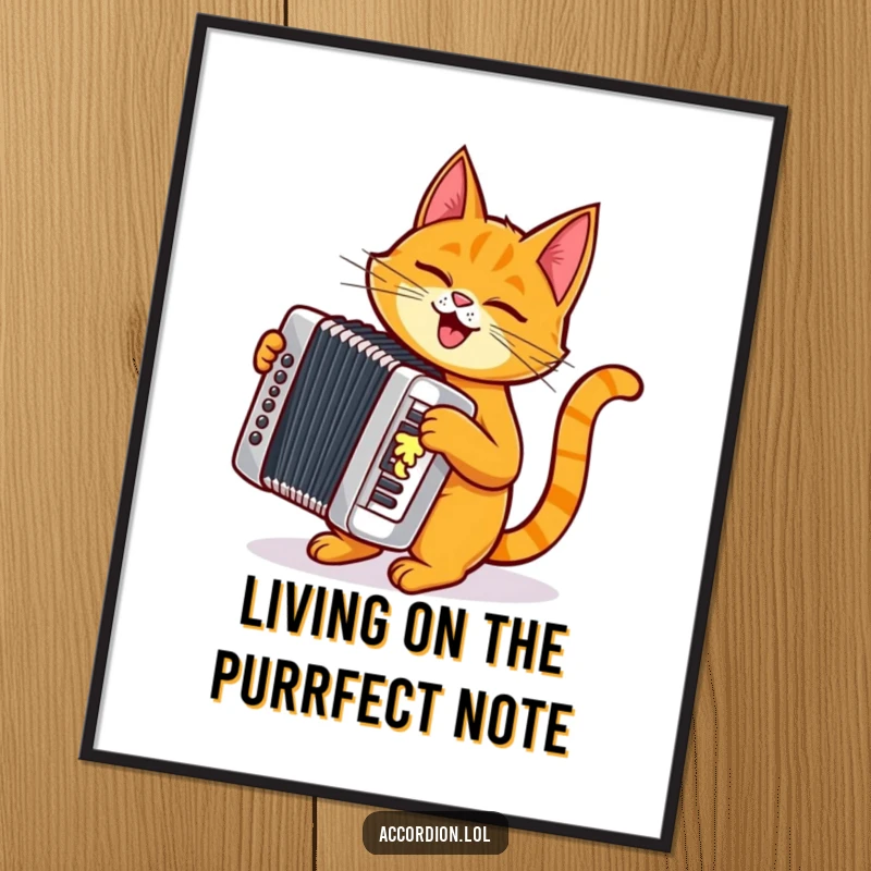 Funny Free Printable Wall Art of a mischievous orange cat rhythmically playing a shiny silver accordion with attitude.