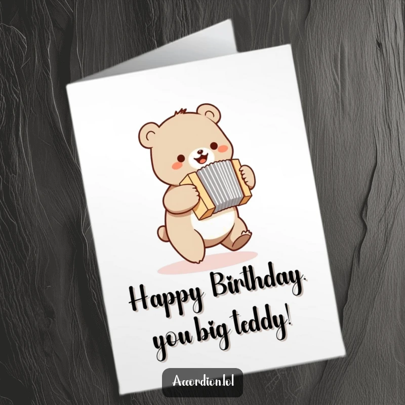 Funny Free Printable Birthday Card: A small bear joyfully bounces while playing a miniature accordion energetically.