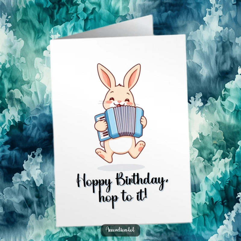 Funny Free Printable Birthday Card: A cheerful bunny hops with glee while playing a pastel blue accordion.