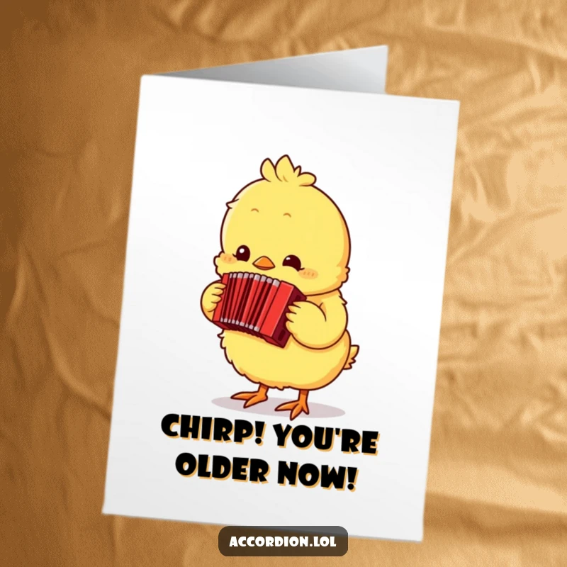 Funny Free Printable Birthday Card featuring a fluffy yellow chick happily playing a tiny red accordion, ready to celebrate.