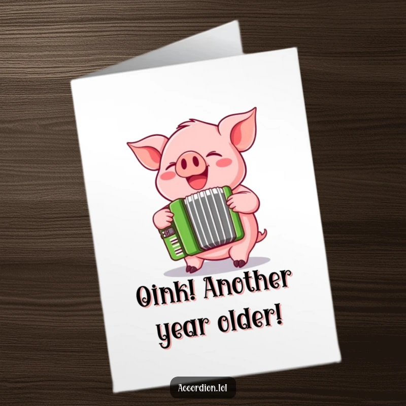 Funny Free Printable Birthday Card featuring a playful pink pig giggling while squeezing a cheerful green accordion.