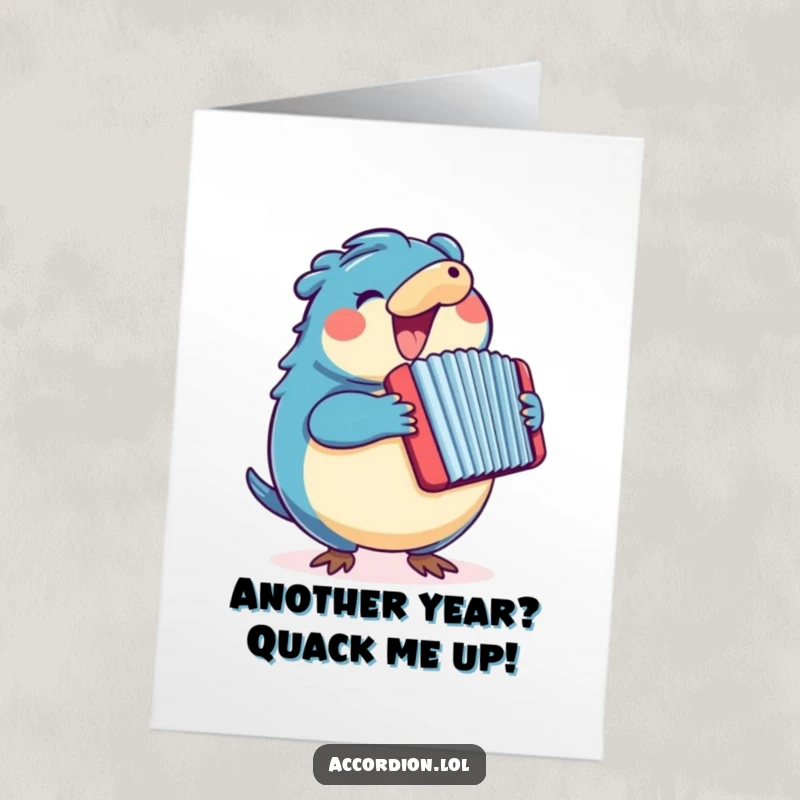 Funny Free Printable Birthday Card featuring a round blue platypus energetically playing a large, colorful accordion.