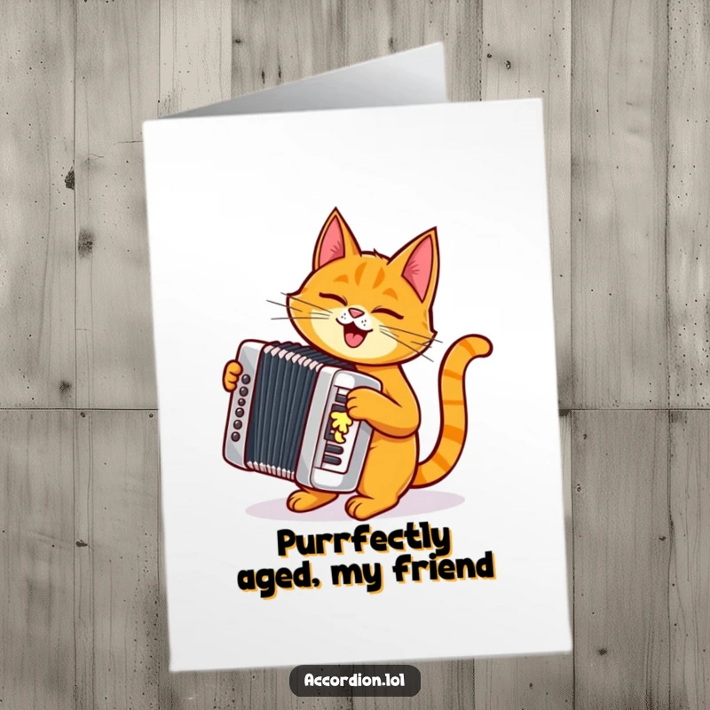 Funny Free Printable Birthday Card featuring a mischievous orange cat rhythmically playing a shiny silver accordion.