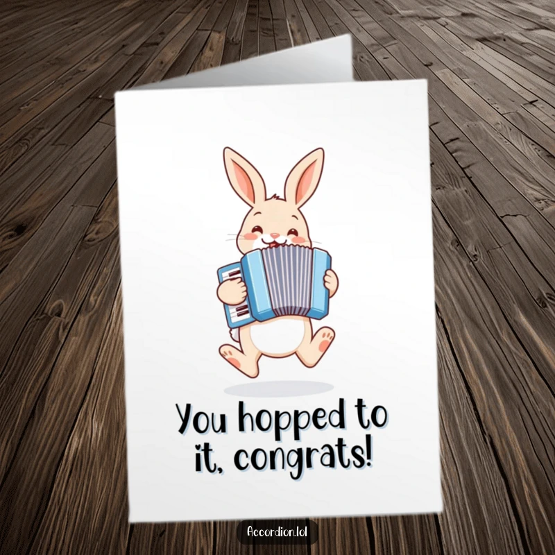 Funny Free Printable Congratulations Card: A cheerful bunny hops and plays a pastel blue accordion with infectious glee.