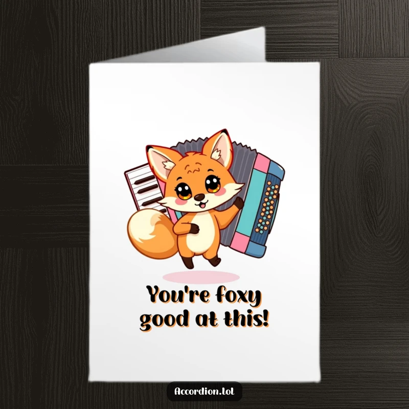 Free Printable Congratulations Card: A happy fox dances energetically around a big accordion, celebrating your success.