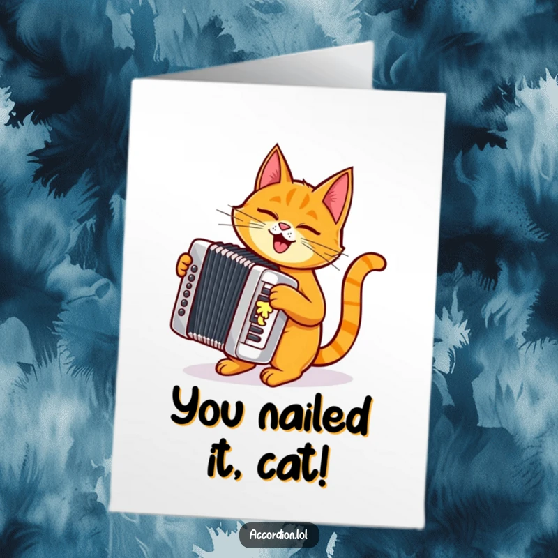 Funny Free Printable Congratulations Card showing a hip orange cat playing a shiny silver accordion with flair.
