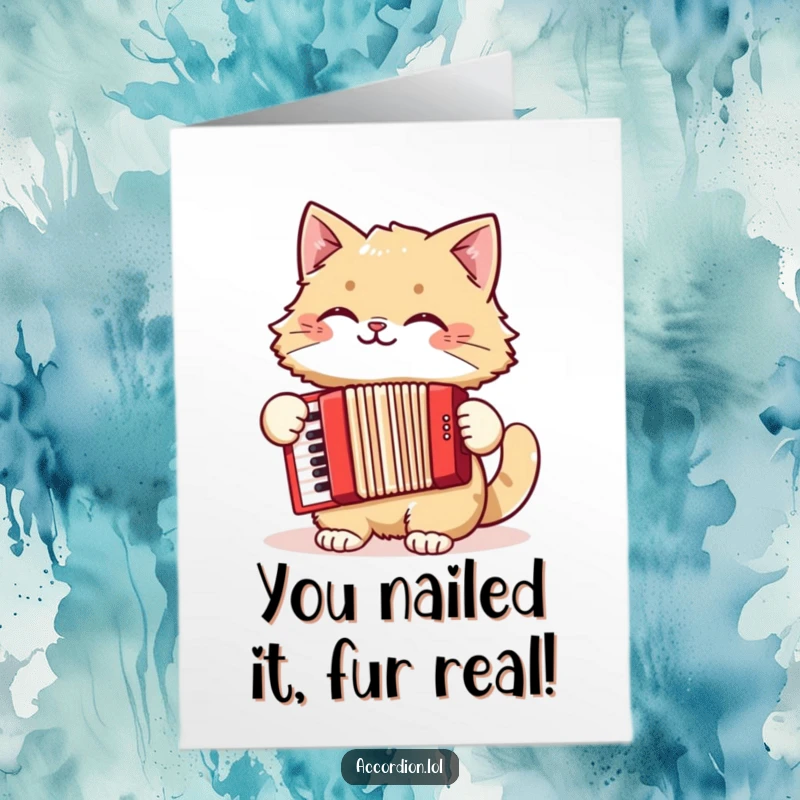 Funny Free Printable Congratulations Card: A happy cat plays a red accordion, celebrating your success with gusto.