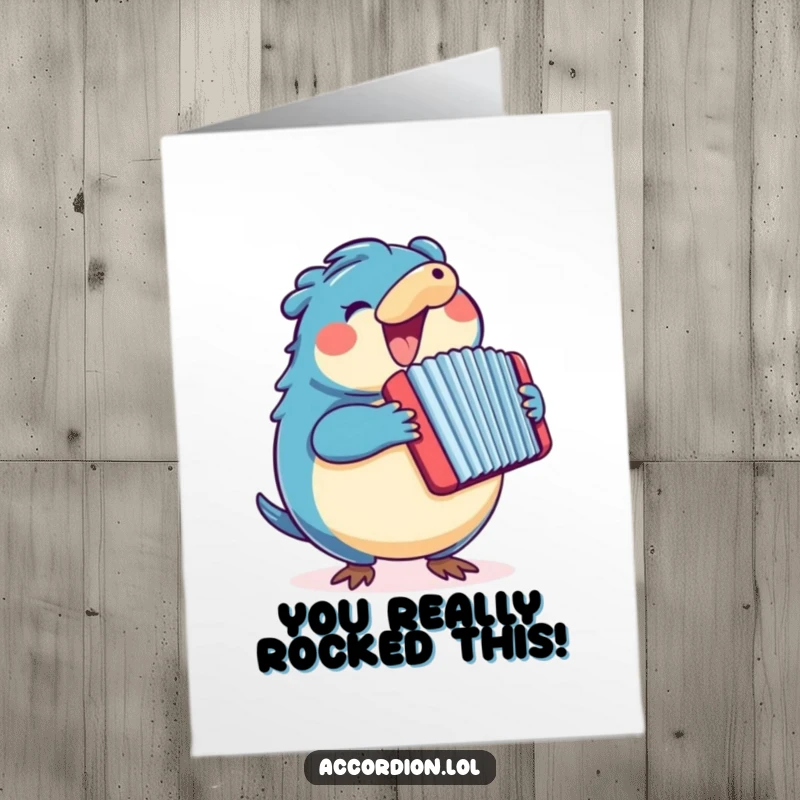 Funny Free Printable Congratulations Card showing a happy blue platypus pumping a big, vibrant accordion.