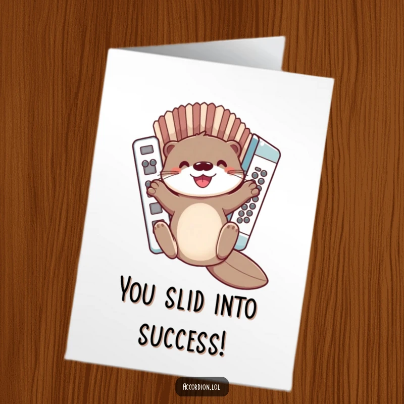 Free Printable Congratulations Card: A cute otter slides down an accordion, celebrating your amazing achievement.