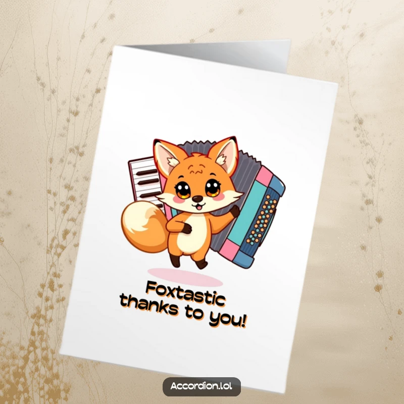 Funny Free Printable Thank You Card: A playful fox dances around a colorful accordion, sending thanks.
