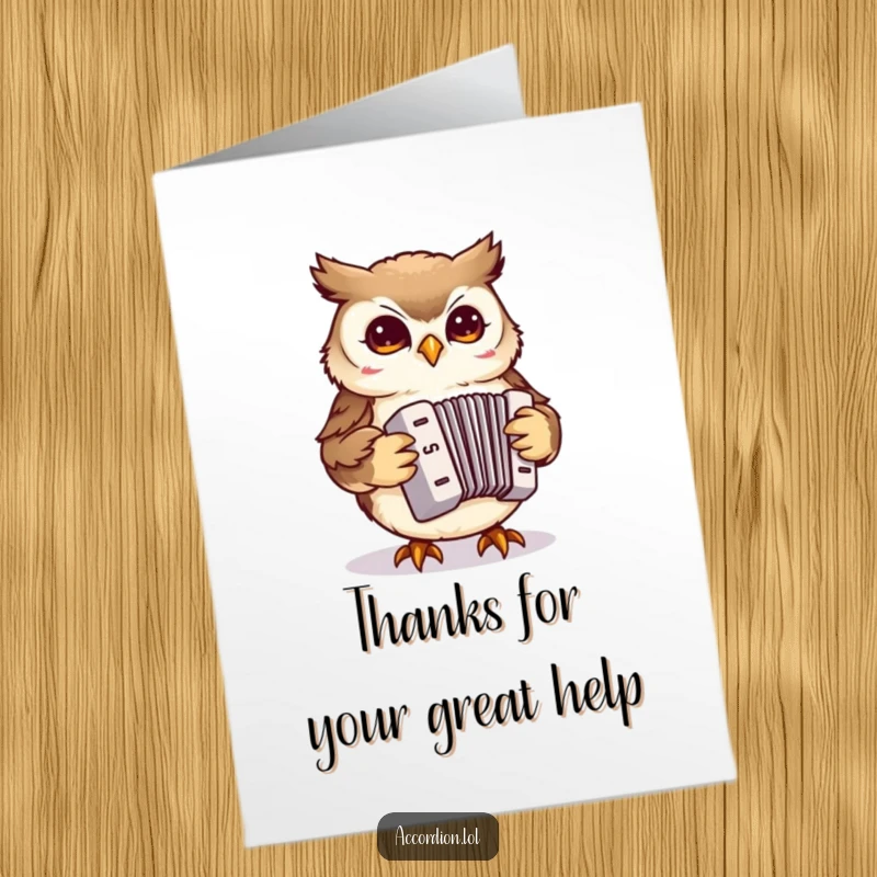 Funny Free Printable Thank You Card: A small owl playfully taps an accordion, sending musical thanks.