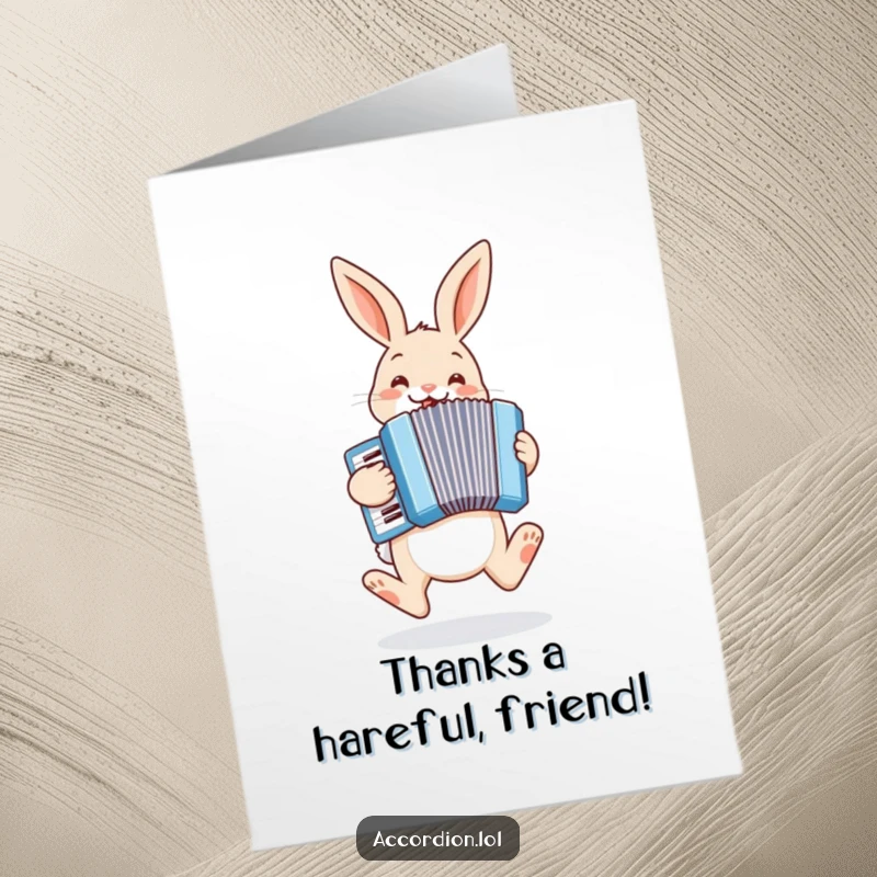 Funny Free Printable Thank You Card: A cheerful bunny hops and plays a pastel blue accordion with great glee.