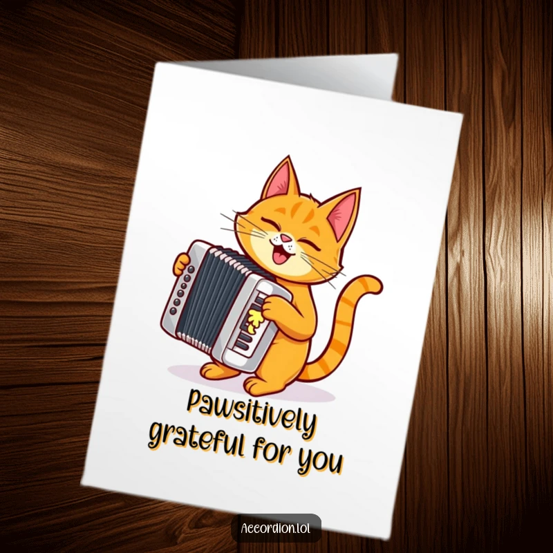 Funny Free Printable Thank You Card of a mischievous orange cat playing a shiny silver accordion.