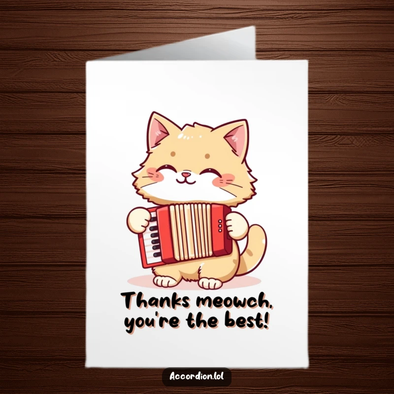 Funny Free Printable Thank You Card: A cat with a cheerful grin plays a red accordion, expressing thanks.