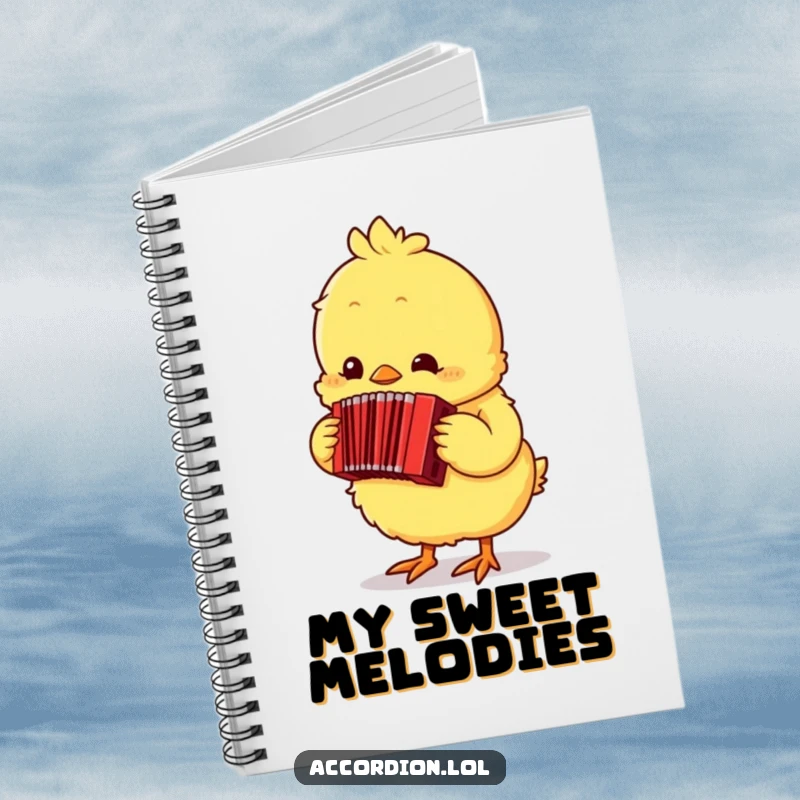 Funny yellow chick character holding a pen and playing a tiny red accordion on a notebook cover.