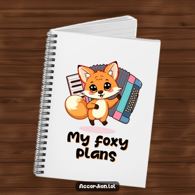 Funny Fox Accordion Notebook showing a playful fox dancing around a miniature accordion, perfect for note-taking and creative ideas.