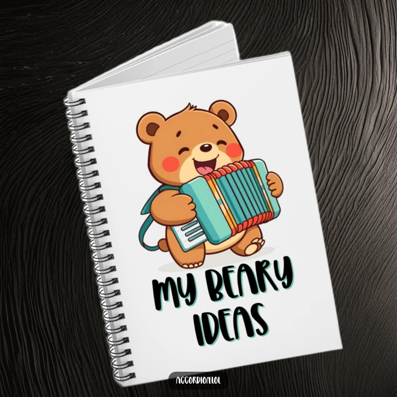 Funny Bear Accordion Notebook showing a cheerful bear enthusiastically playing an accordion, perfect for note-taking and journaling.