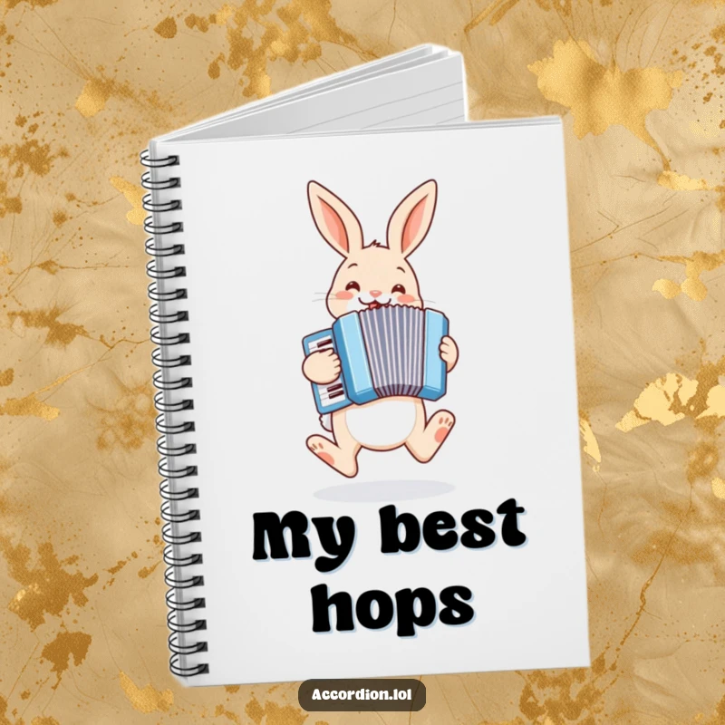 Funny bunny notebook with a cheerful bunny hopping and playing a pastel blue accordion, perfect for jotting notes.