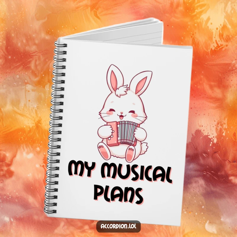 Funny Bunny Accordion Notebook featuring a fluffy bunny playing a miniature accordion, perfect for jotting down notes and musical ideas.
