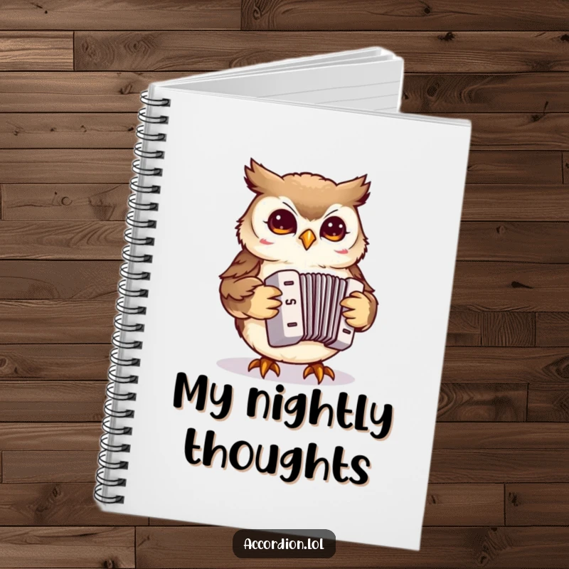 Funny Owl Accordion Notebook showing a small owl playfully interacting with a miniature accordion, perfect for notes and creative ideas.