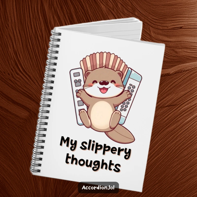 Funny Otter Accordion Notebook showing a cute otter sliding down a miniature accordion, perfect for note-taking and creative ideas.