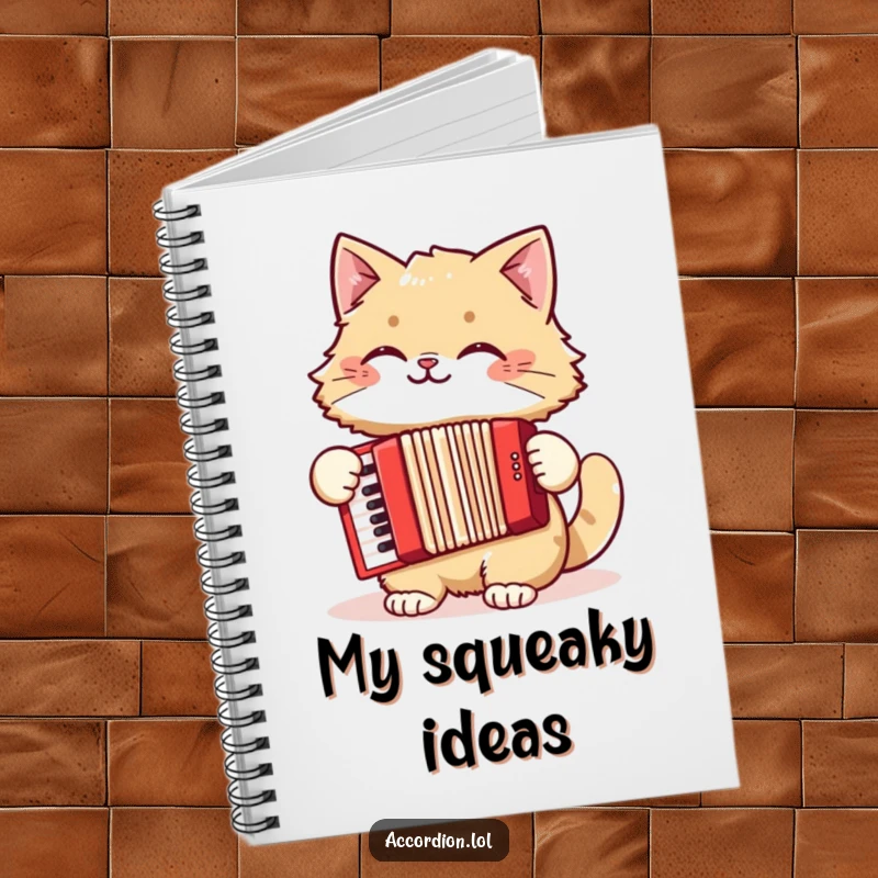 Funny cat notebook featuring a happy cat playing a red accordion, ideal for jotting down notes and funny ideas.