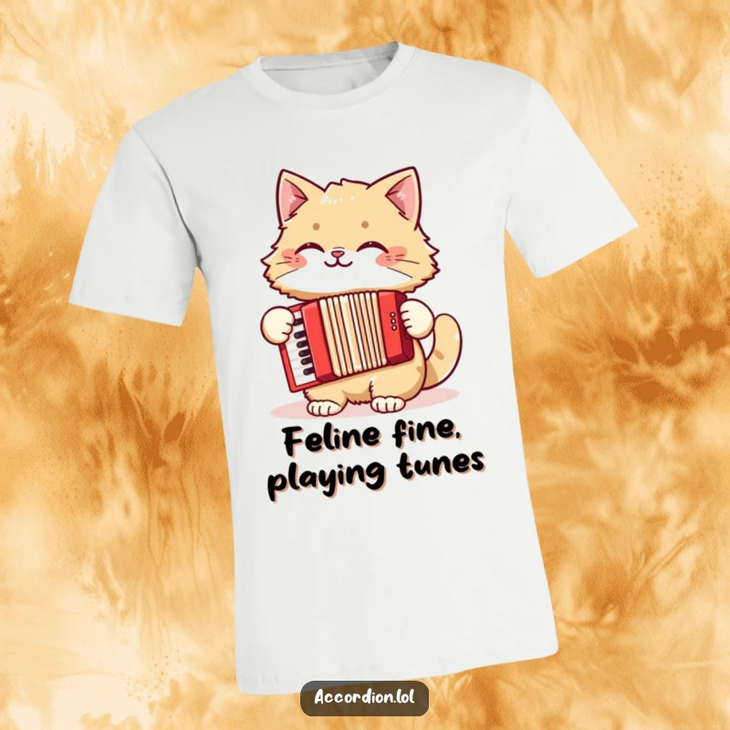 Funny cat t-shirt showing a fluffy, grinning cat joyfully playing a red accordion, radiating pure musical happiness.