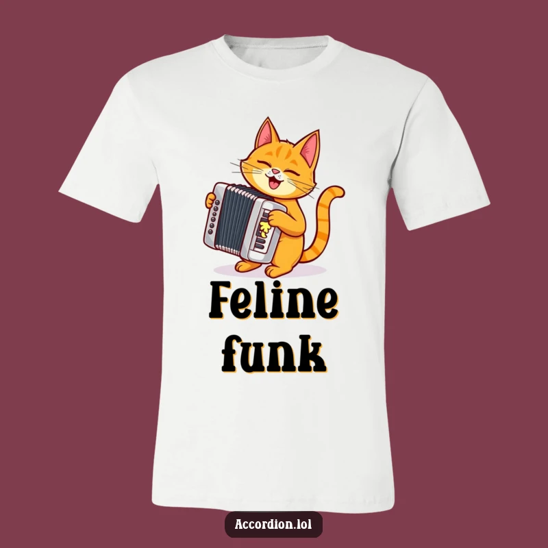 Funny Cat Accordion T-Shirt: Mischievous Orange Cat Playing a Shiny Silver Accordion