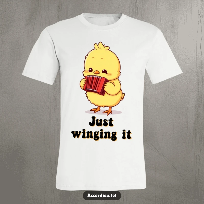 Funny fluffy yellow chick animal character joyfully playing a small red accordion, showcasing musical talent and happiness.