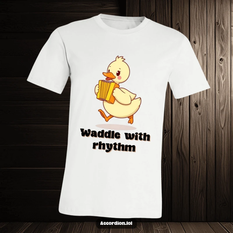 Funny duck t-shirt depicting a yellow duck waddling rapidly mid-hop, playing a bright yellow accordion with enthusiasm.