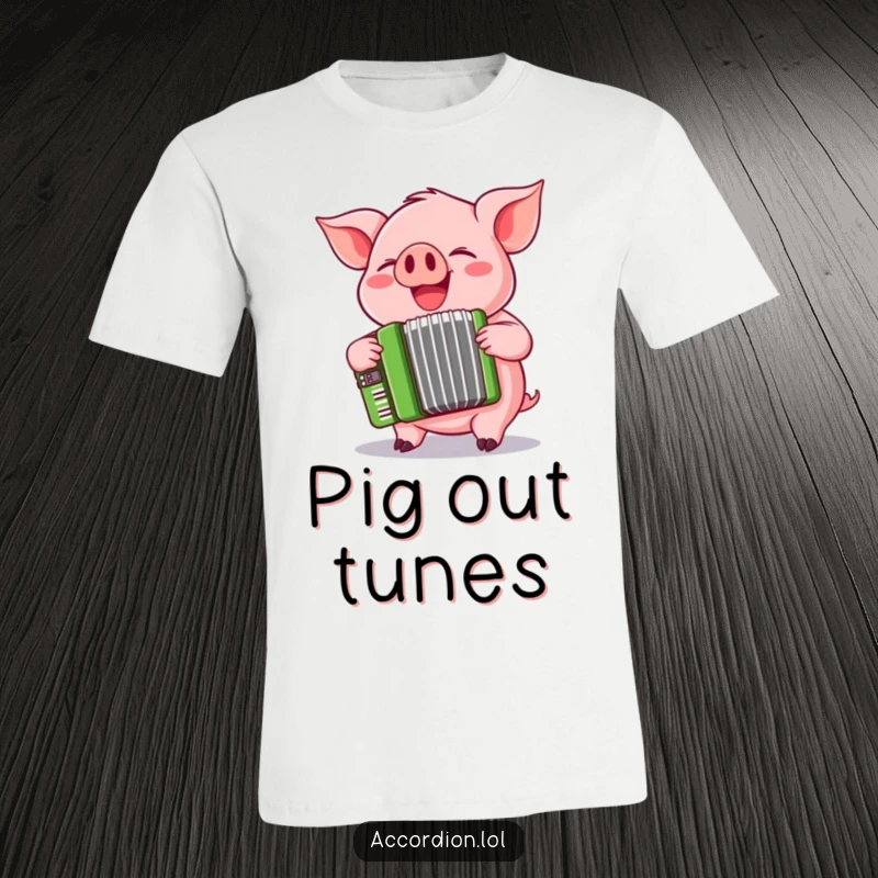 Funny pink pig animal character giggling while playing a cheerful green accordion, looking joyful and energetic.