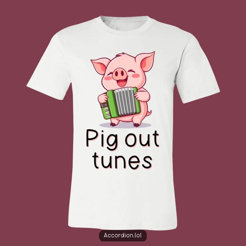 Funny Pig Accordion T-Shirt: Playful Pink Pig Squeezing a Cheerful Green Accordion