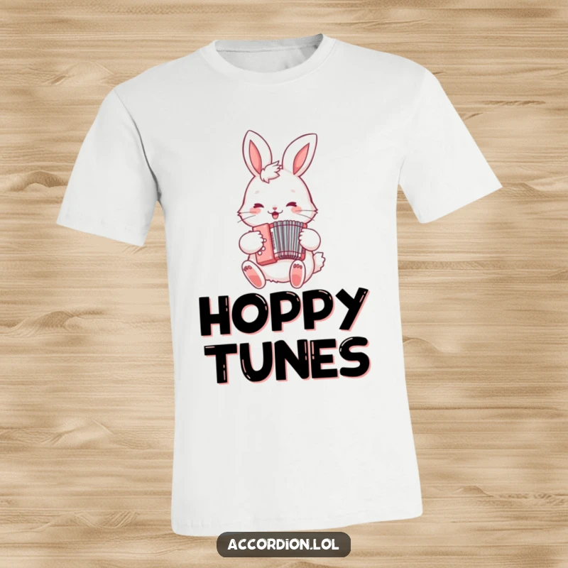 Funny Bunny Accordion T-Shirt showcasing a fluffy bunny joyfully performing on a tiny accordion, ideal for concerts or casual wear.