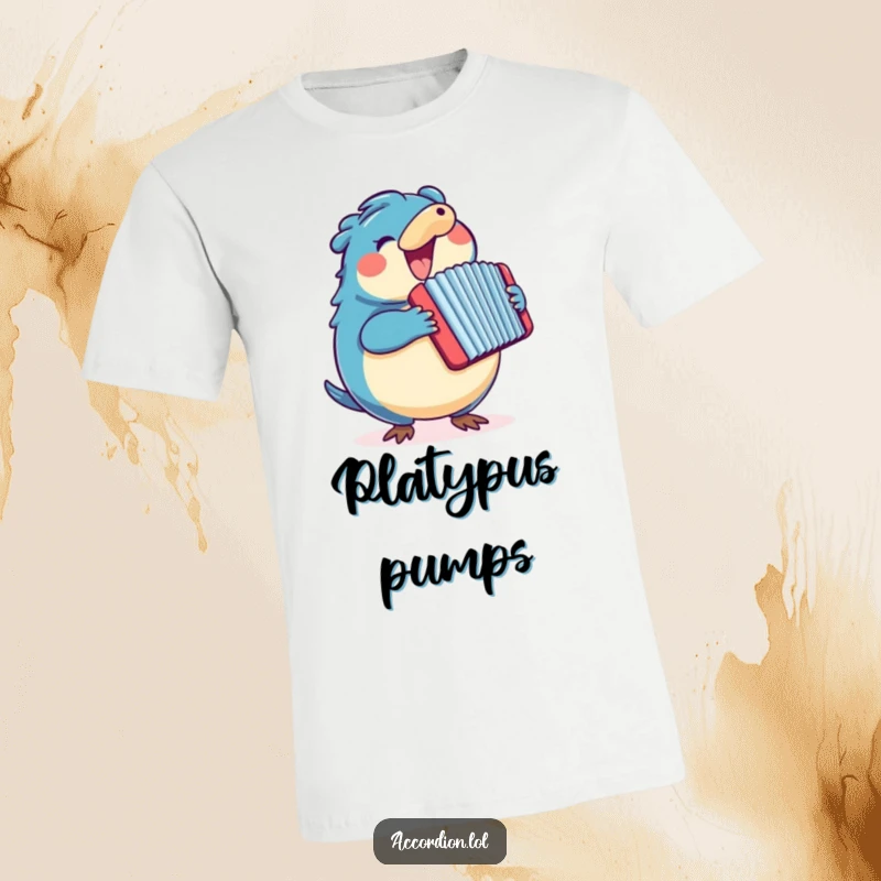 Funny blue platypus animal character enthusiastically playing a big, colorful accordion, showcasing its musical talent.