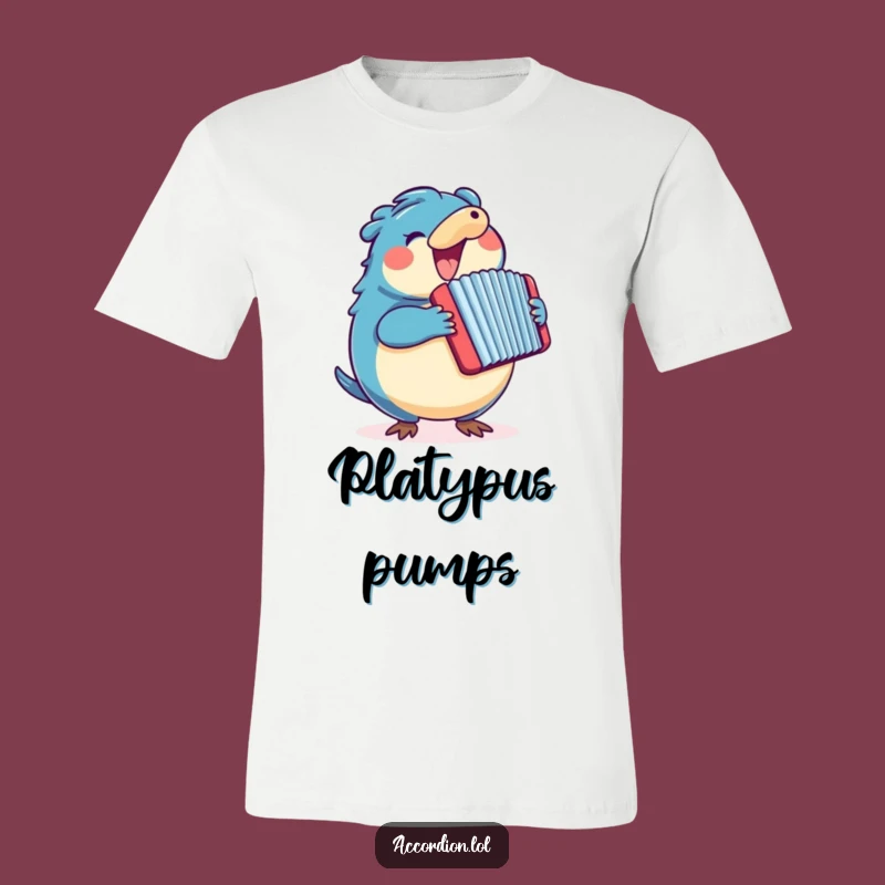 Funny Platypus Accordion T-Shirt: Enthusiastic Blue Platypus Playing a Colorful Accordion