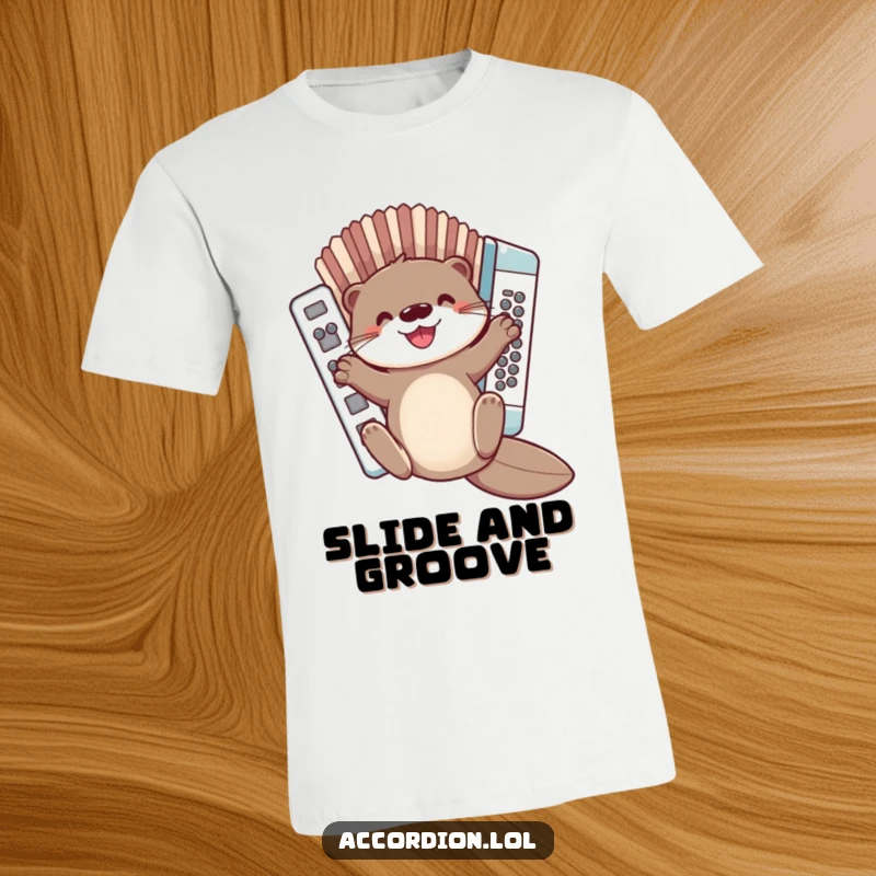 Funny Otter Accordion T-Shirt of a cute otter joyfully sliding down the bellows of a colorful accordion, ideal for casual wear.