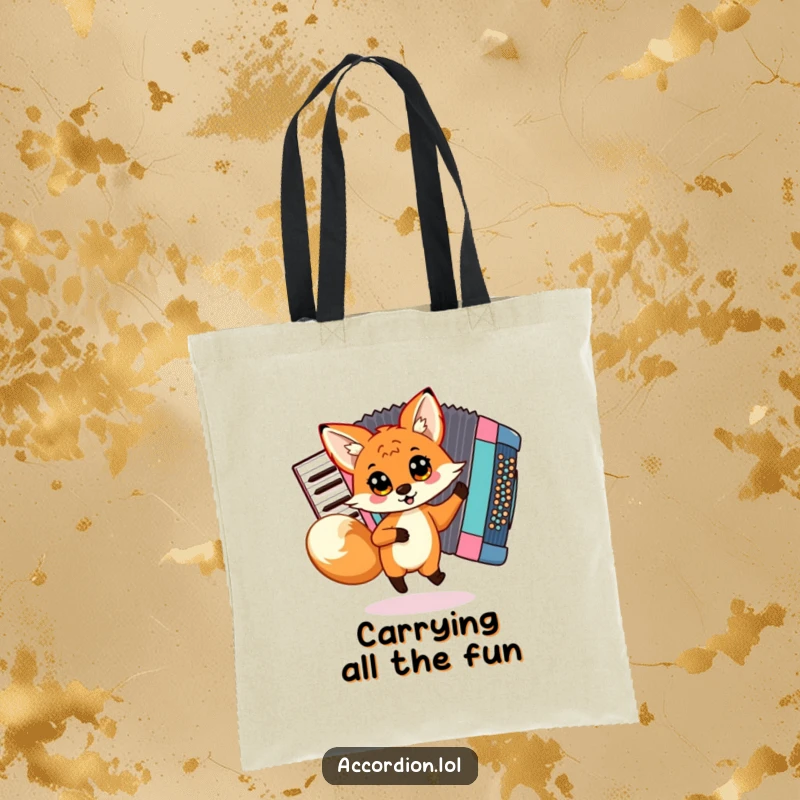 Funny Fox Accordion Tote Bag with a playful fox dancing around a colorful accordion, perfect for musicians and shoppers.