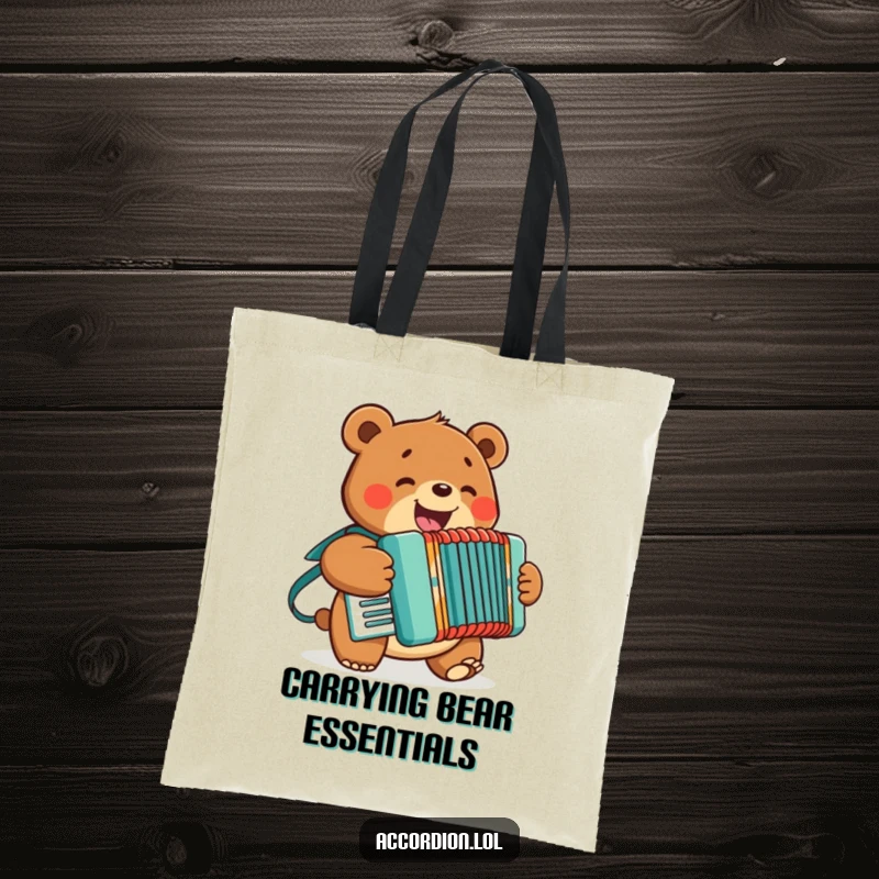Funny Bear Accordion Tote Bag with a smiling bear playing an accordion, perfect for musicians and shoppers.