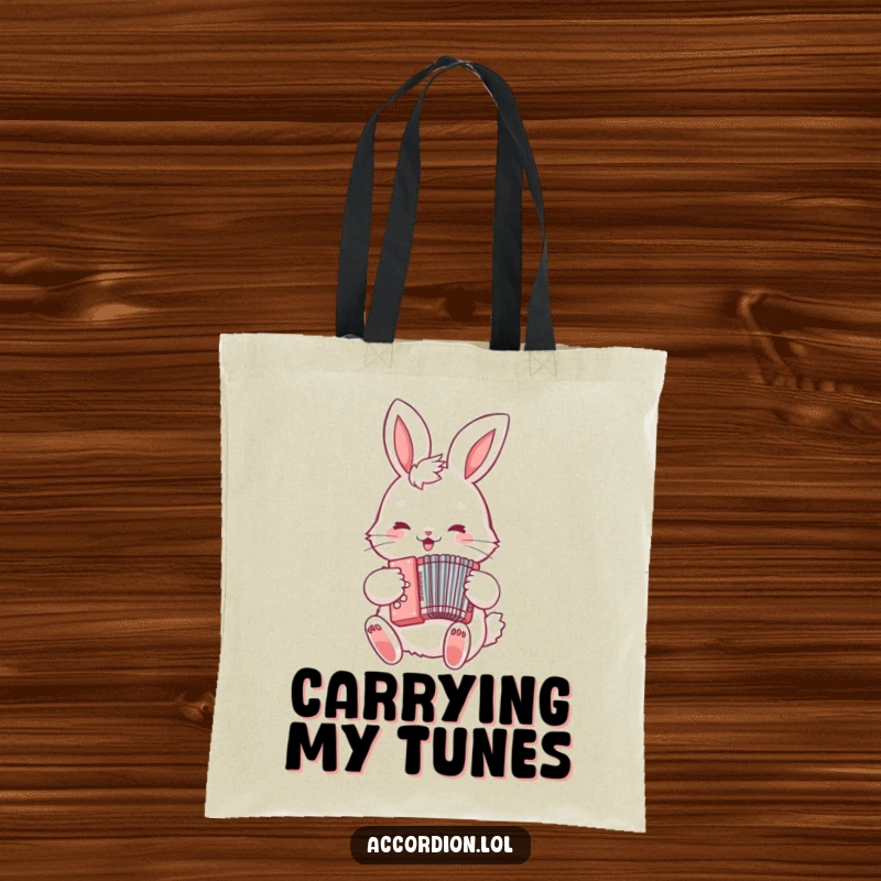 Funny Bunny Accordion Tote Bag with a fluffy bunny playing a tiny accordion, perfect for music lovers and everyday use.
