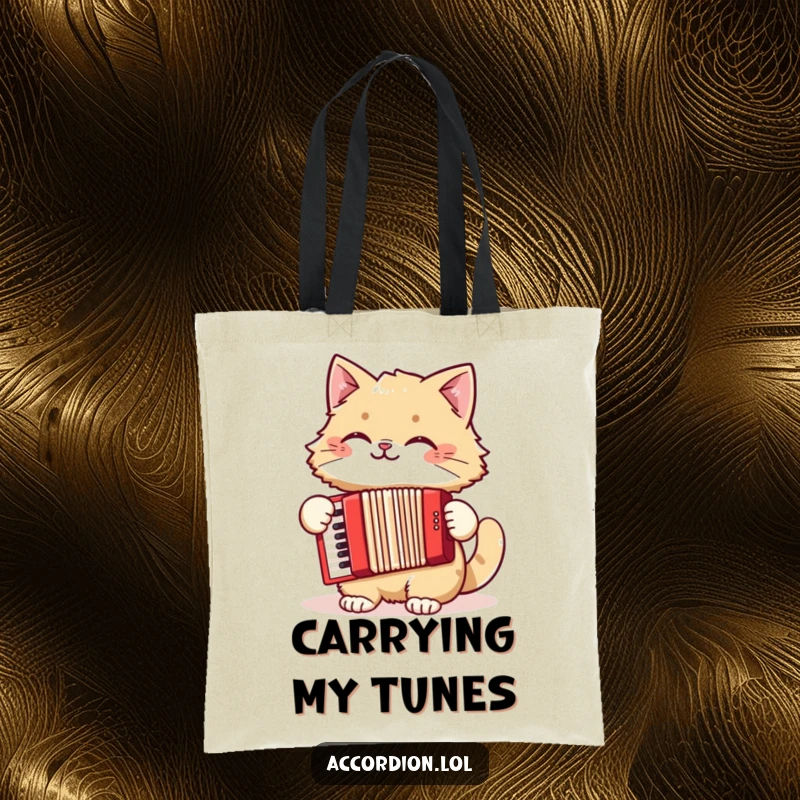 Funny cat tote bag showcasing a happy, grinning cat expertly playing a red accordion, perfect for daily errands.