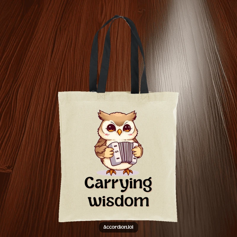 Funny Owl Accordion Tote Bag featuring a small owl playing a miniature accordion, perfect for carrying essentials in style.