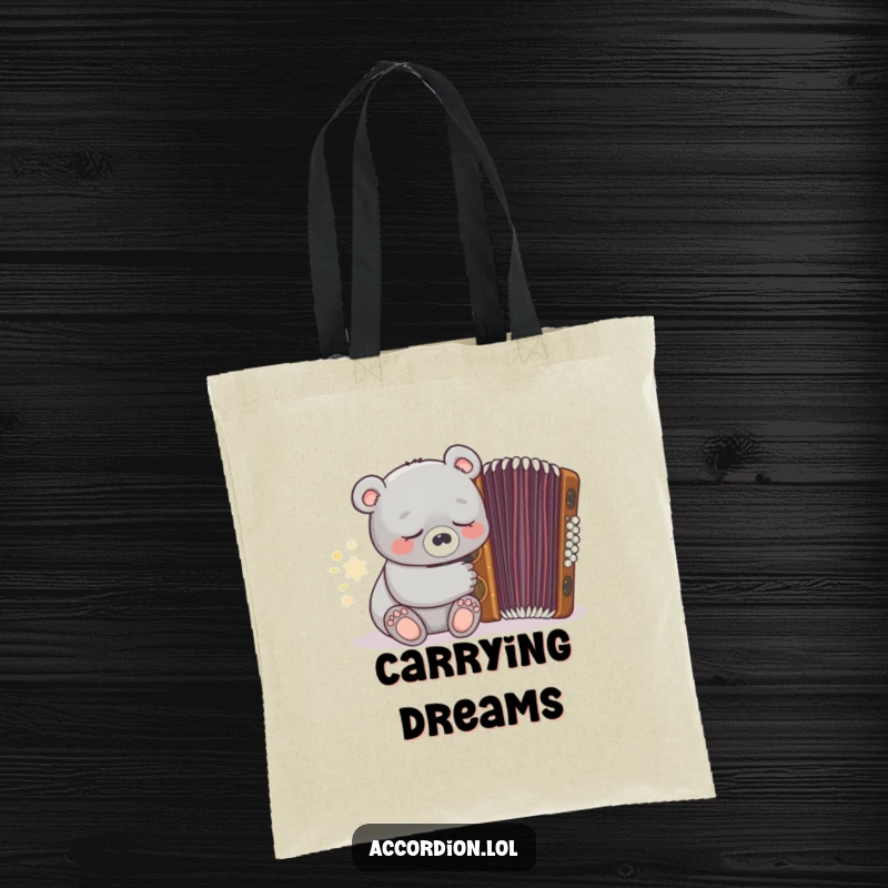 Funny sleepy grey bear resting near a closed, ornate brown accordion is featured on this practical tote bag.
