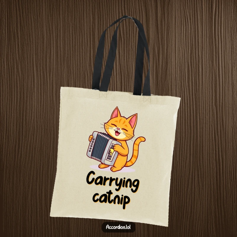 Funny mischievous orange cat playing a shiny silver accordion is featured on this practical and stylish tote bag.