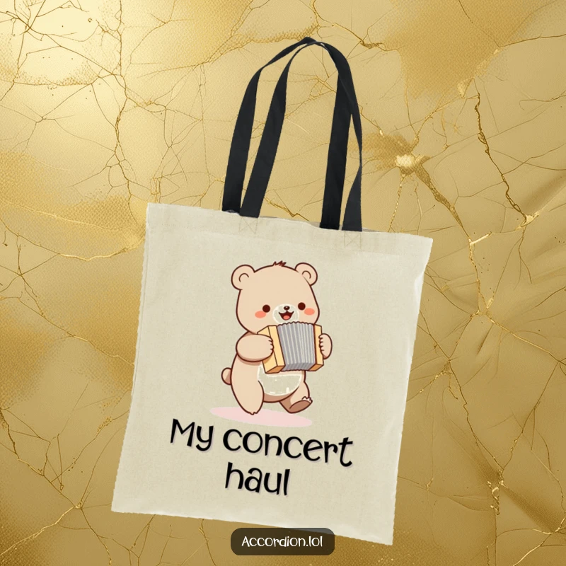 Funny bear tote bag with a small bear bouncing joyfully while playing a miniature accordion, perfect for errands.