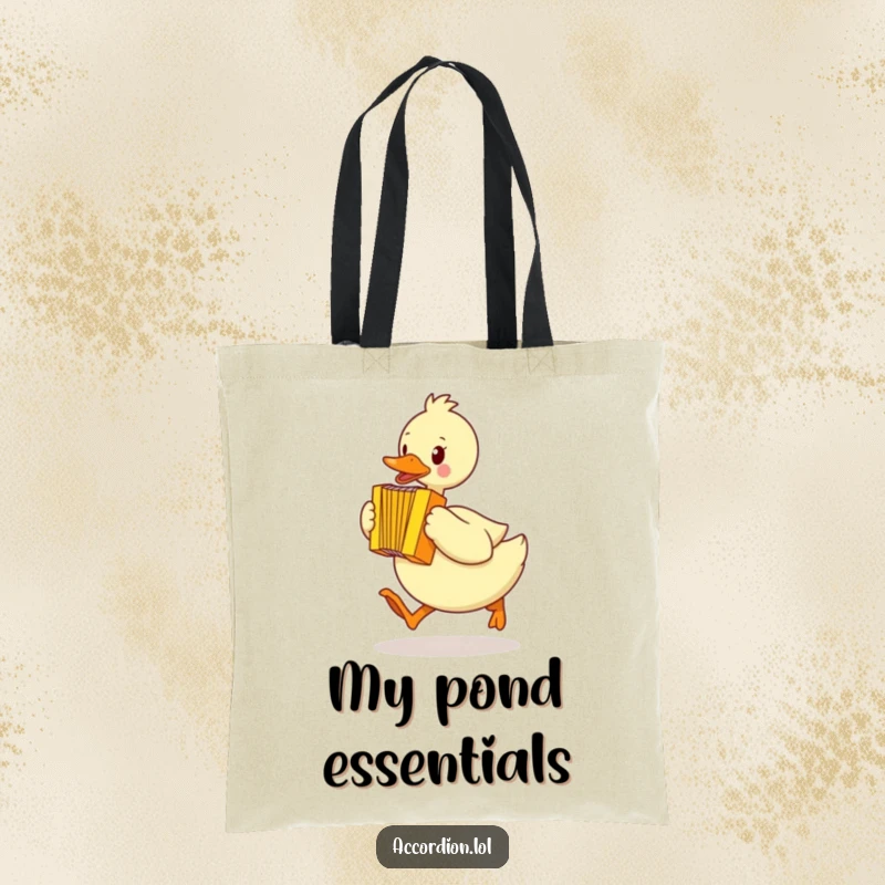Funny duck tote bag with a yellow duck waddling mid-hop, playing a bright yellow accordion, perfect for errands and more.
